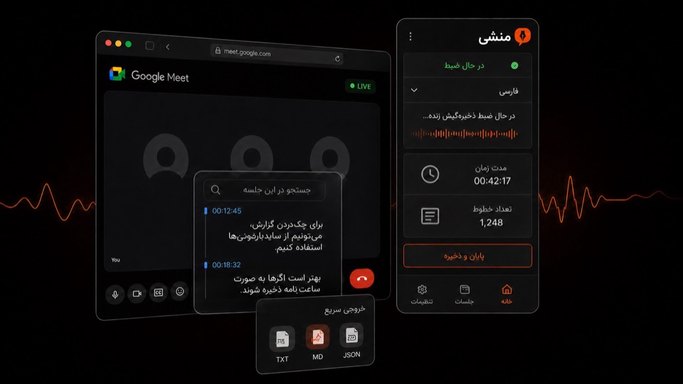 رونویسی فارسی گوگل میت بدون ورود ربات با پنل کناری منشی