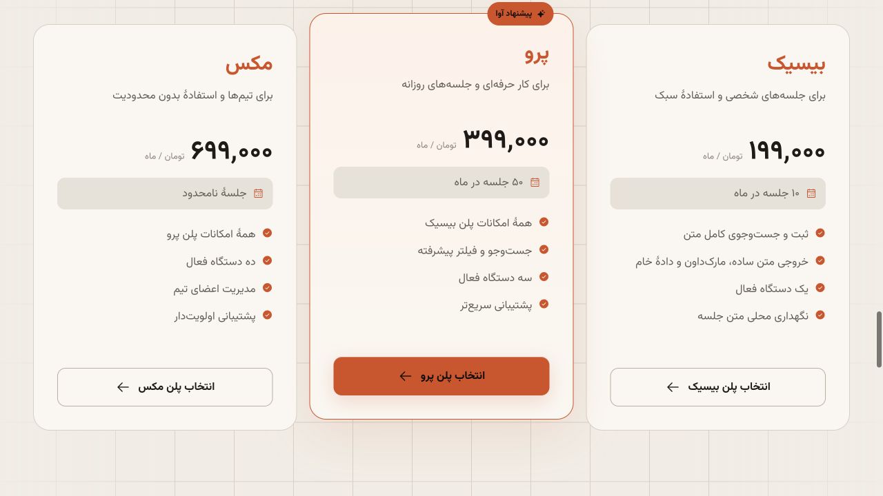 مقایسهٔ سه پلن اشتراک منشی برای رونویسی جلسه